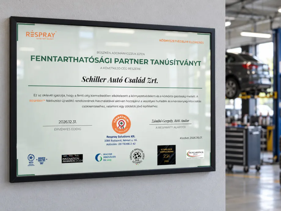 Bekeretezett RESPRAY™ fenntarthatósági partnertanúsítvány egy autószerviz falán